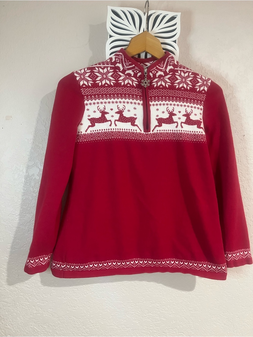 breckenridge Red and White Vintage Half-Zip Holiday Reindeer Sweater